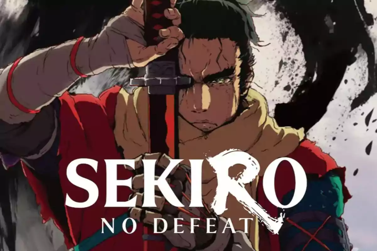 Illustration of a warrior holding a katana with a serious expression and the text Sekiro No Defeat in the center