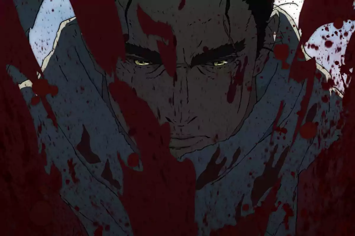 Close-up of an anime character with a serious expression and blood stains on their face and clothes Close-up of an anime character with a serious expression and blood stains on their face and clothes
