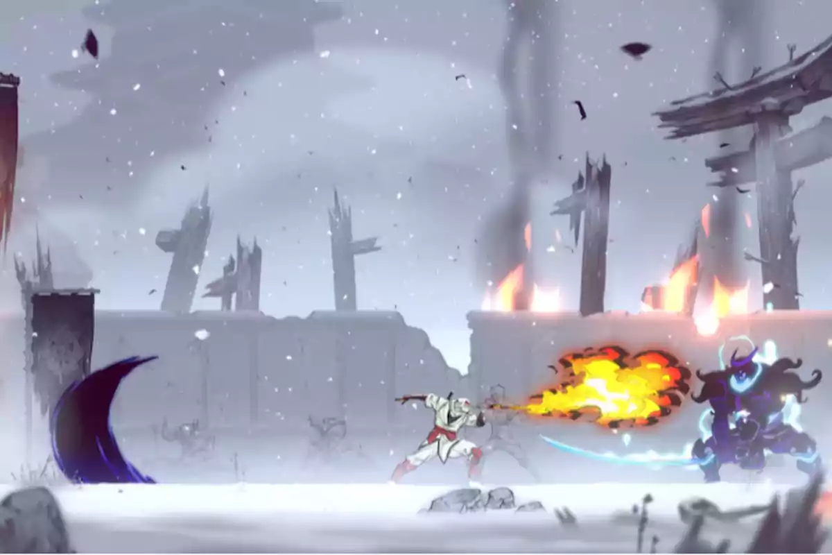 Two characters fight on a snowy, ruined stage; one throws fire while the other appears to be shrouded in dark energy. Two characters fight on a snowy, ruined stage; one throws fire while the other appears to be shrouded in dark energy.