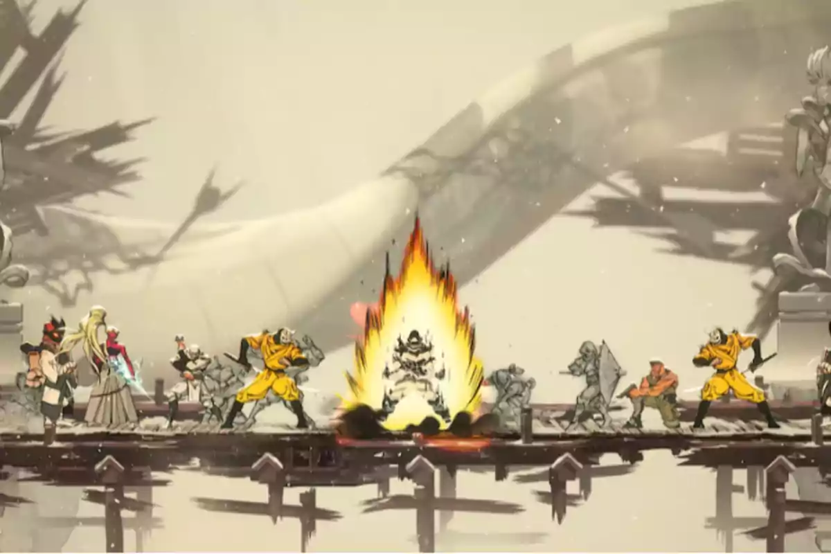 Several animated-style characters face off on a bridge while one of them is engulfed in a burst of yellow energy at the center. Several animated-style characters face off on a bridge while one of them is engulfed in a burst of yellow energy at the center.