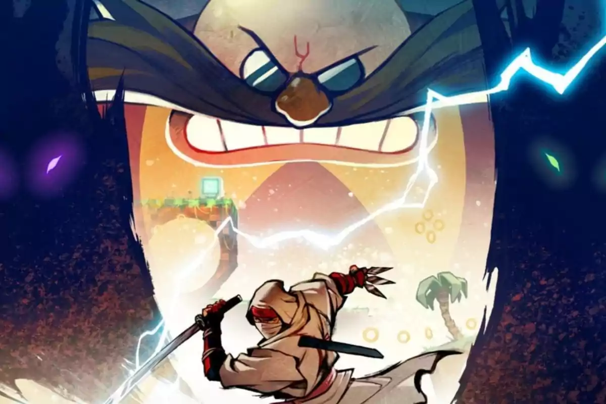 A ninja with a sword and shuriken in an attack stance in front of a background featuring an angry face and video game elements like rings and palm trees