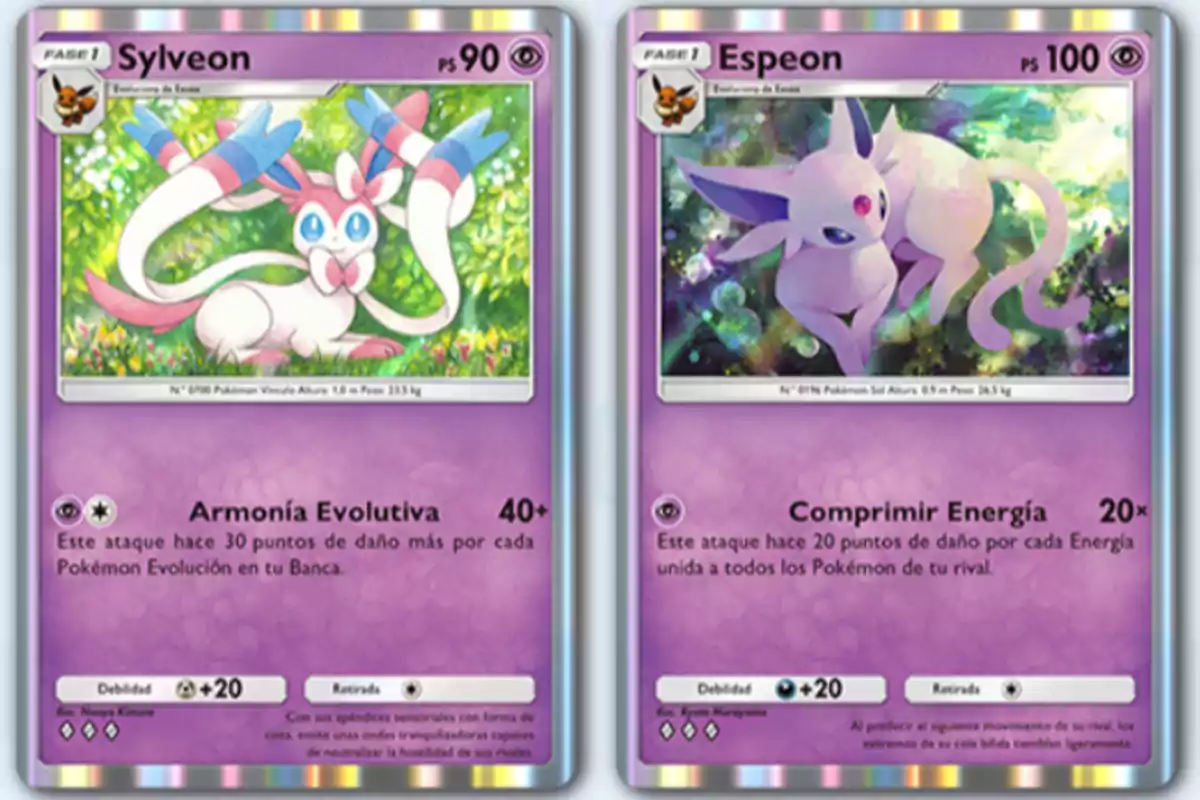 Two Psychic-type Pokémon cards, one of Sylveon and one of Espeon, both with colorful illustrations and details of their attacks and characteristics. Two Psychic-type Pokémon cards, one of Sylveon and one of Espeon, both with colorful illustrations and details of their attacks and characteristics.