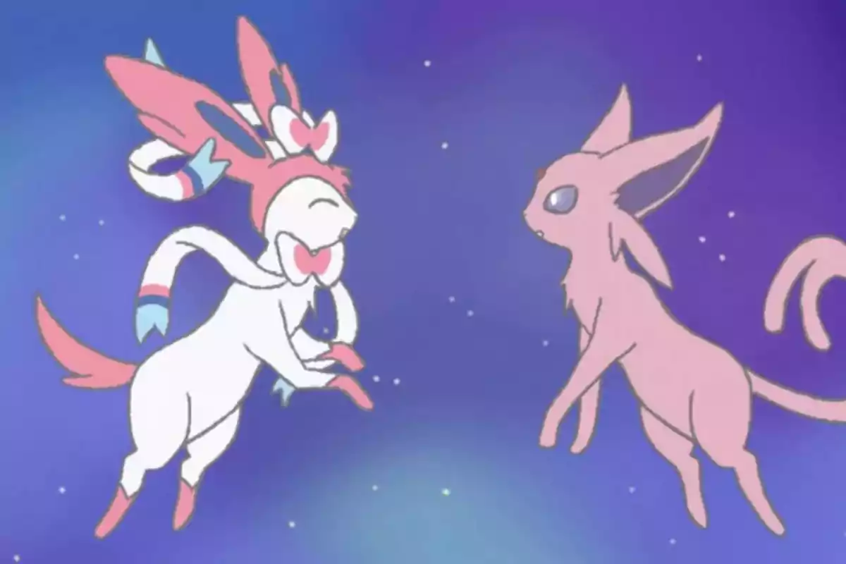 Two anime-style creatures float on a starry blue background, one white with pink details and the other light pink.