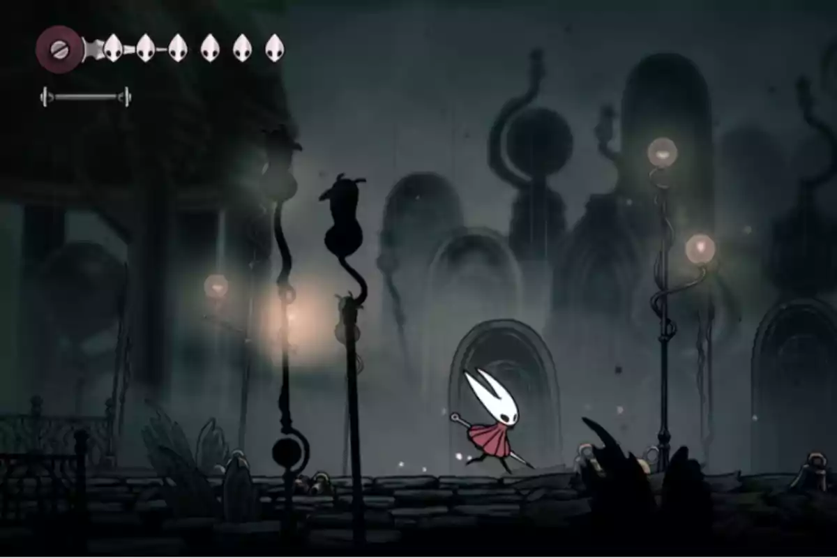 Character with a red cape walking in a dark and mysterious environment with lit lanterns and blurred background structures
