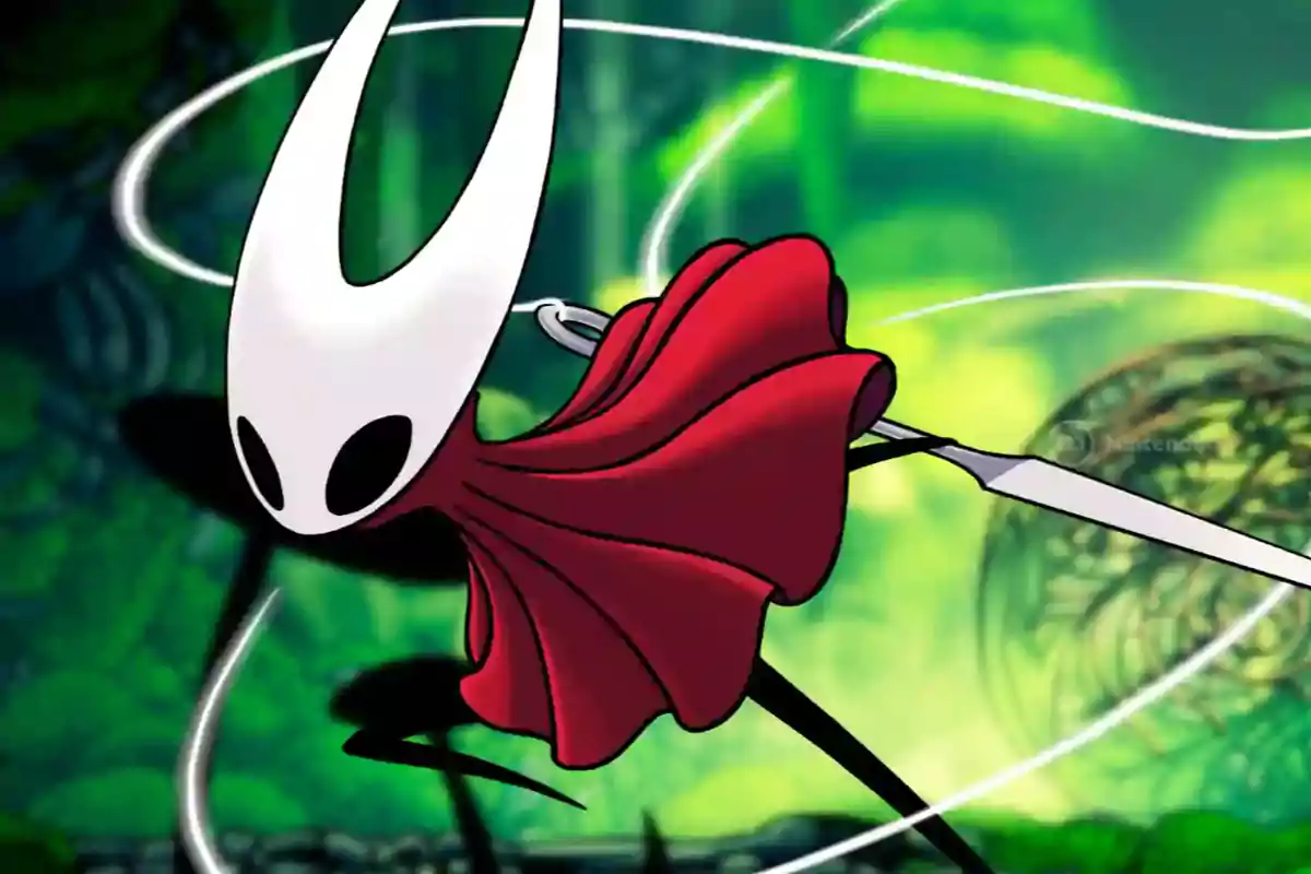 Video game character with a white mask and a red cape performing an agile move against a blurred green background Video game character with a white mask and a red cape performing an agile move against a blurred green background