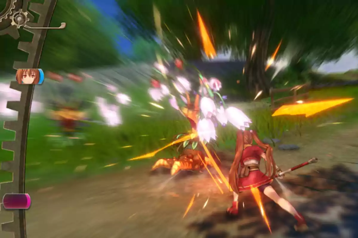Personaje de anime peleando contra una criatura con forma de planta en un entorno al aire libre con efectos de ataque y destellos naranjas Personaje de anime peleando contra una criatura con forma de planta en un entorno al aire libre con efectos de ataque y destellos naranjas