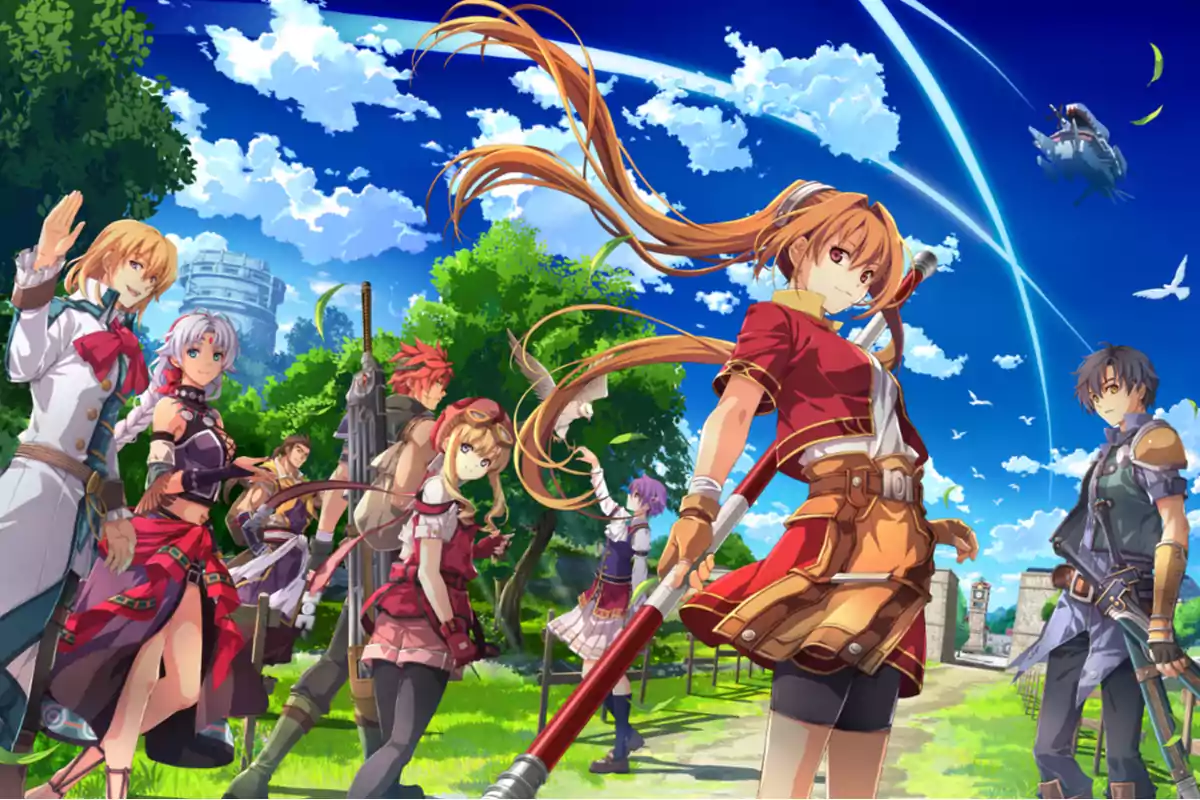 Grupo de personajes de anime con vestimenta de fantasía posando en un entorno al aire libre con cielo azul, nubes y árboles, mientras una nave vuela en el fondo