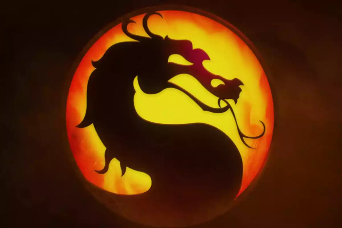 Silueta de un dragón negro sobre un fondo circular amarillo y naranja