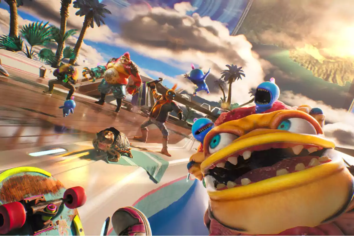 A group of colorful, cartoon-like characters and creatures are in a futuristic setting with palm trees and a cloudy sky while one of the characters takes a selfie in the foreground. A group of colorful, cartoon-like characters and creatures are in a futuristic setting with palm trees and a cloudy sky while one of the characters takes a selfie in the foreground.
