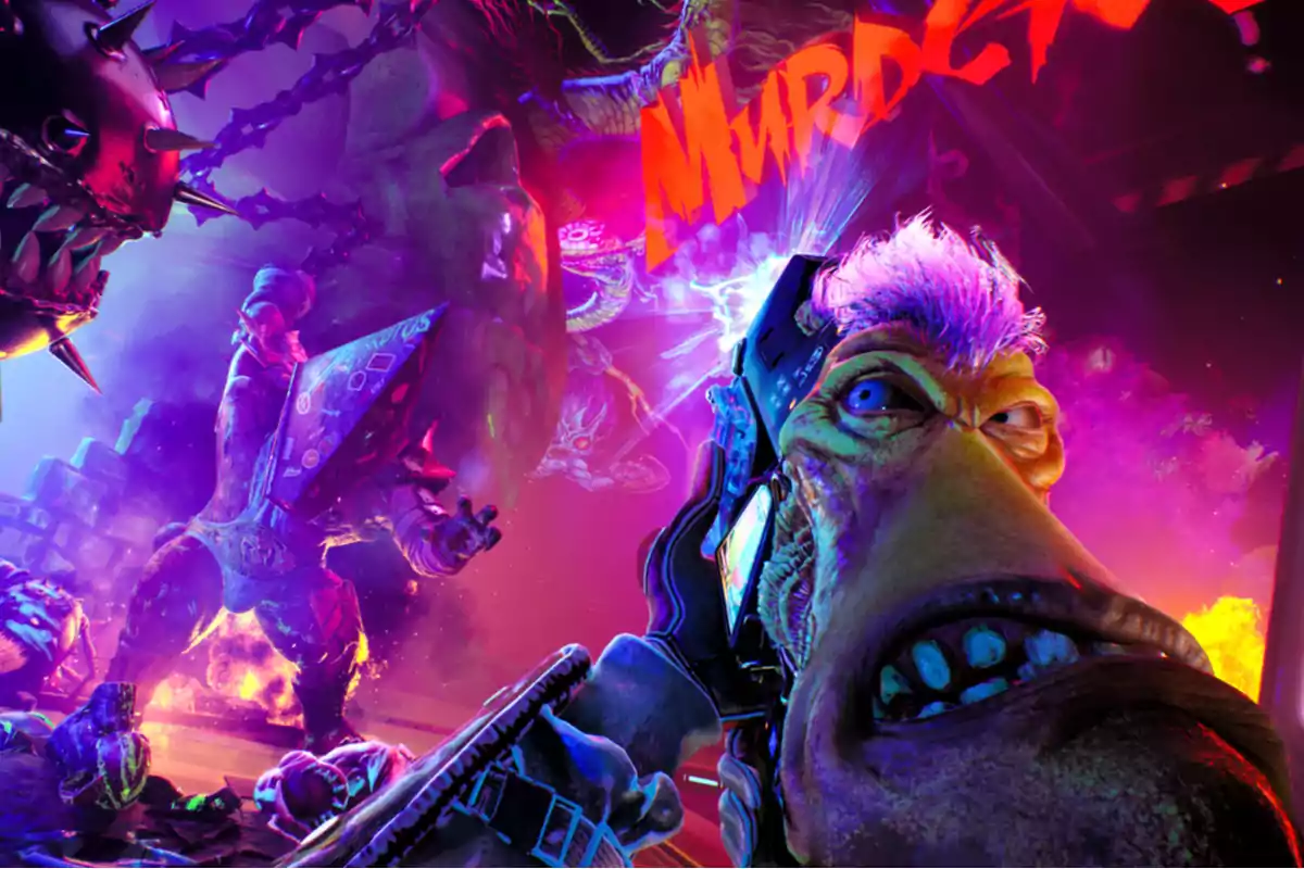 An alien character with a defiant expression holds a futuristic weapon while monstrous creatures and neon colors dominate the background. An alien character with a defiant expression holds a futuristic weapon while monstrous creatures and neon colors dominate the background.