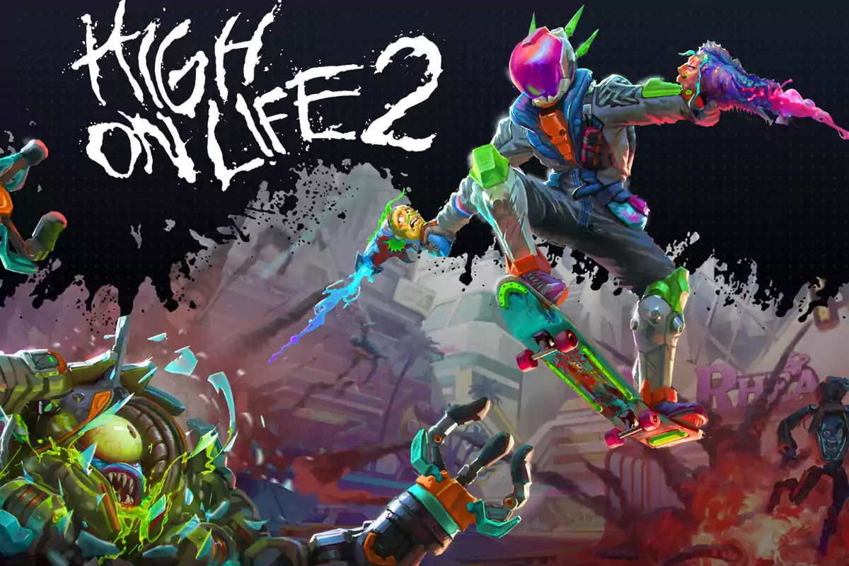Person with a futuristic helmet and a colorful skateboard jumping while holding an alien weapon in a chaotic urban environment with creatures and robots, next to the title High on Life 2 in large, stylized letters