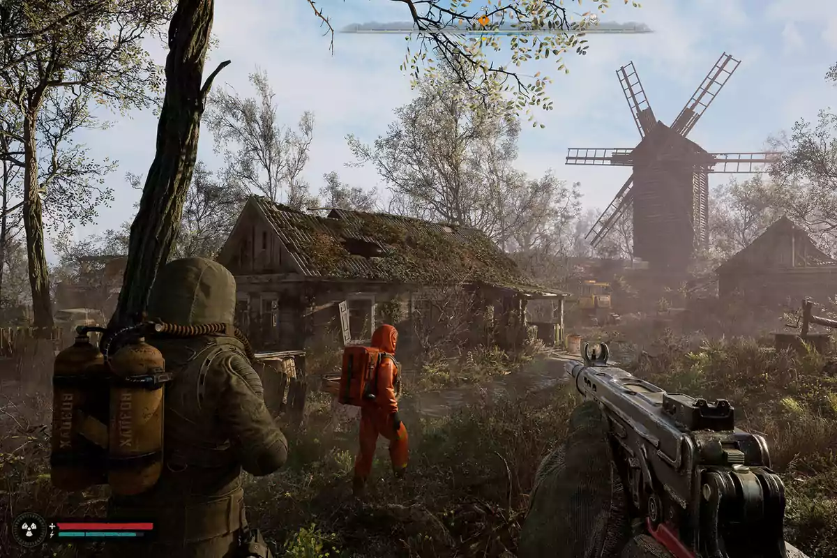 Three people in protective suits explore an abandoned, overgrown village with a wooden windmill in the background. Three people in protective suits explore an abandoned, overgrown village with a wooden windmill in the background.