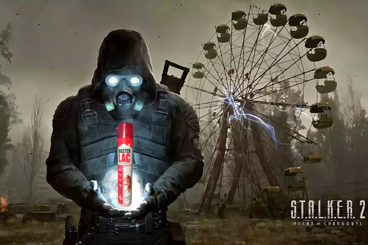 A character wearing a mask and dark suit holds a red spray can in a post-apocalyptic setting with a Ferris wheel in the background and the Stalker 2 Heart of Chernobyl logo in the corner.