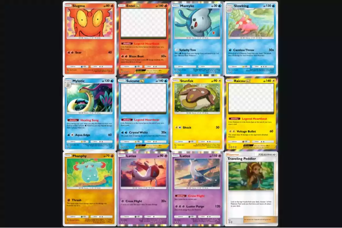 Varias cartas de Pokémon de diferentes tipos y colores organizadas en una cuadrícula, algunas con ilustraciones visibles y otras con el espacio de la imagen en blanco, incluyendo cartas de Pokémon como Slugma, Mantyke, Slowking, Stunfisk, Latias, Latios y una carta de entrenador llamada Traveling Peddler. Varias cartas de Pokémon de diferentes tipos y colores organizadas en una cuadrícula, algunas con ilustraciones visibles y otras con el espacio de la imagen en blanco, incluyendo cartas de Pokémon como Slugma, Mantyke, Slowking, Stunfisk, Latias, Latios y una carta de entrenador llamada Traveling Peddler.