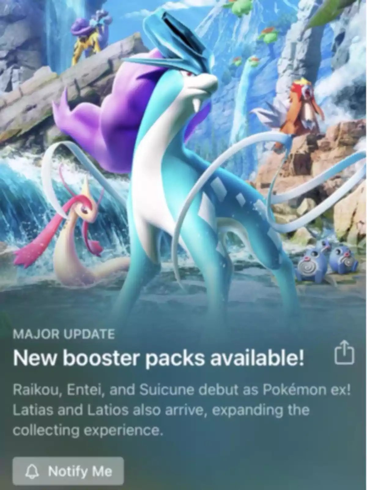 Varios Pokémon legendarios y acuáticos posan en un entorno natural con cascadas y montañas de fondo, destacando a Suicune en el centro de la imagen. Varios Pokémon legendarios y acuáticos posan en un entorno natural con cascadas y montañas de fondo, destacando a Suicune en el centro de la imagen.