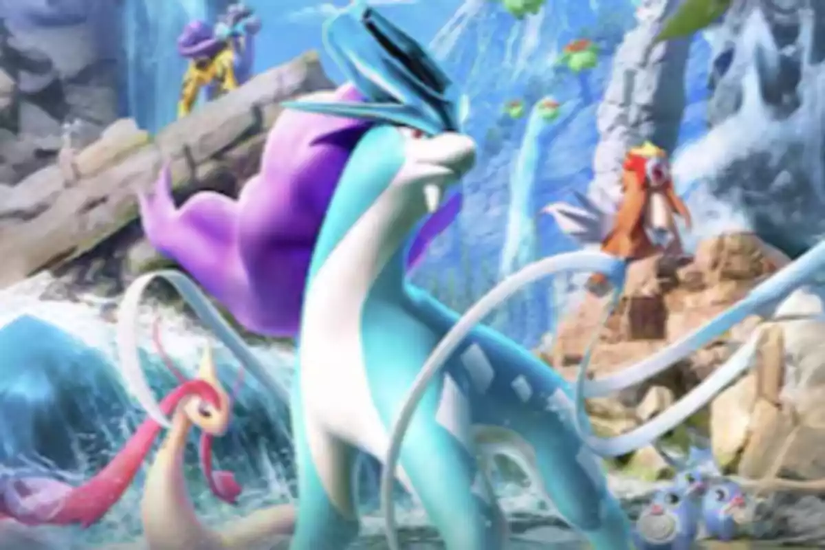 Varios Pokémon legendarios y de tipo agua posan en un entorno natural con cascadas y rocas al fondo