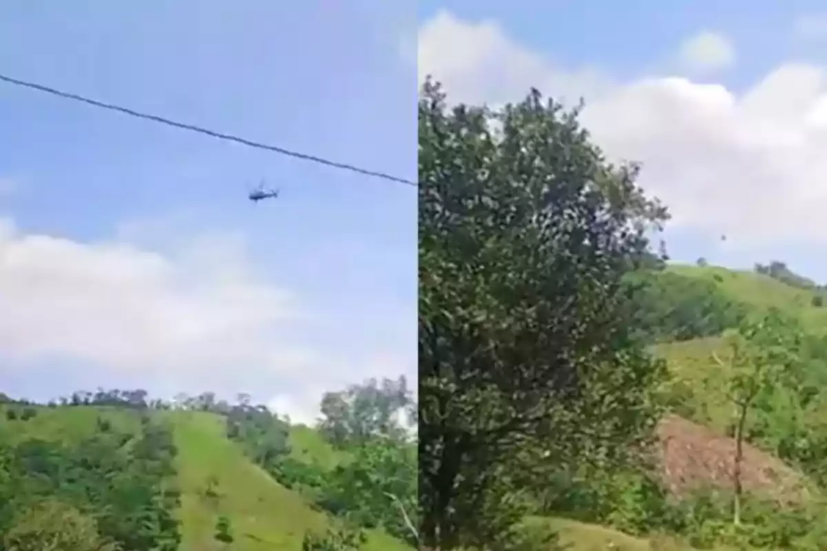 Un helicóptero vuela sobre una zona montañosa con vegetación y cielo despejado Un helicóptero vuela sobre una zona montañosa con vegetación y cielo despejado