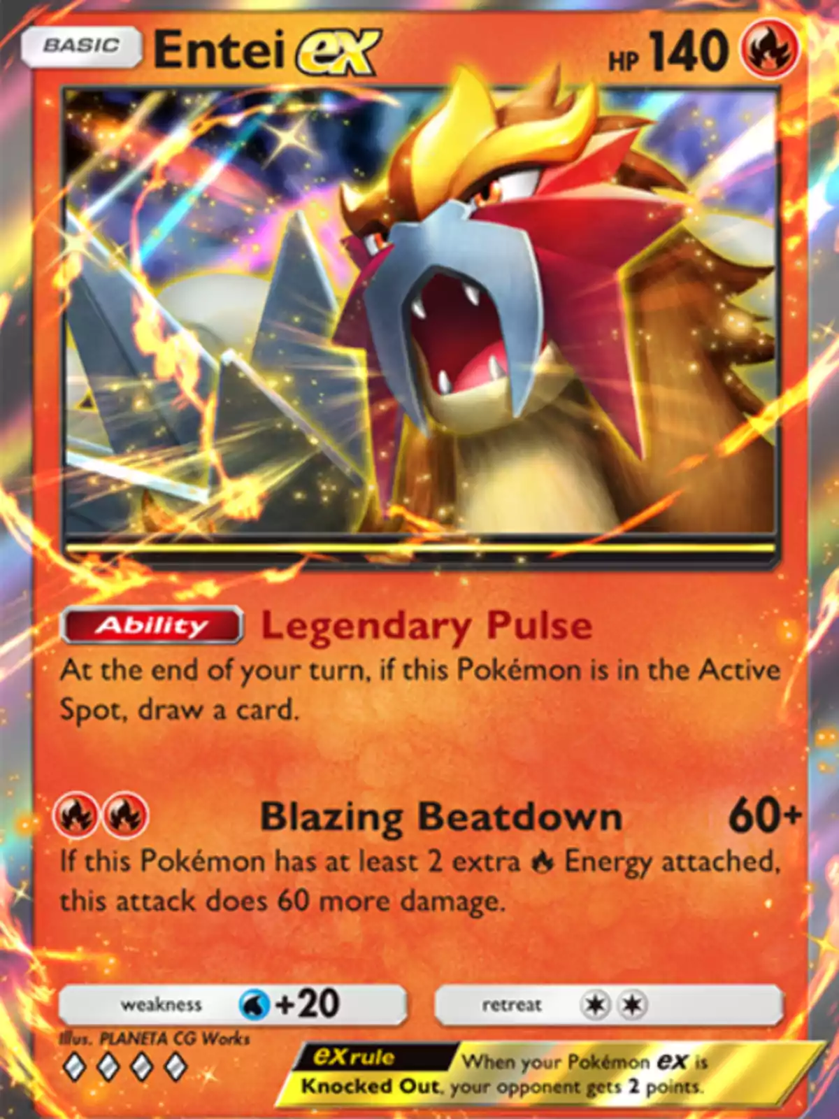 Carta de Pokémon Entei ex con fondo de fuego y destellos, mostrando a Entei rugiendo y detalles de sus habilidades y ataques en la parte inferior Carta de Pokémon Entei ex con fondo de fuego y destellos, mostrando a Entei rugiendo y detalles de sus habilidades y ataques en la parte inferior