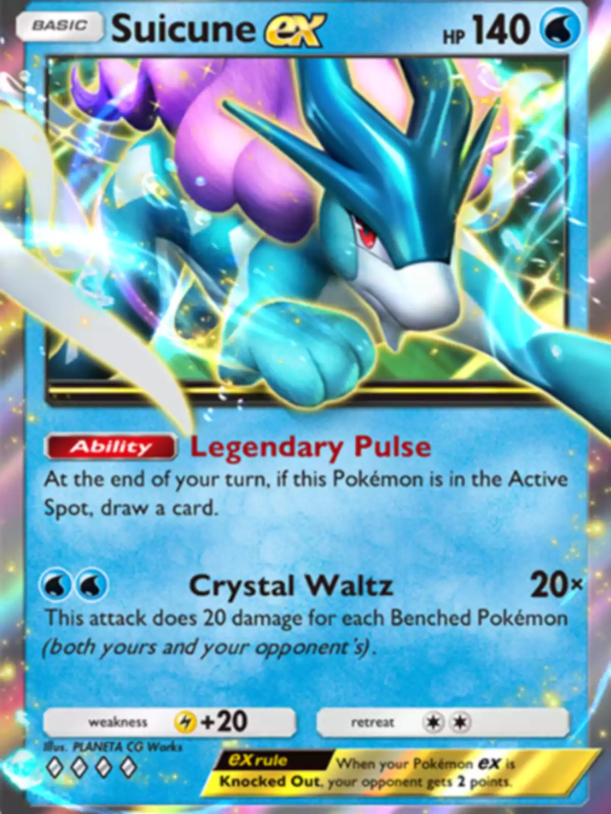 Carta de Pokémon Suicune ex con fondo azul y detalles brillantes, mostrando a Suicune en una pose dinámica y resaltando sus habilidades Legendary Pulse y Crystal Waltz Carta de Pokémon Suicune ex con fondo azul y detalles brillantes, mostrando a Suicune en una pose dinámica y resaltando sus habilidades Legendary Pulse y Crystal Waltz
