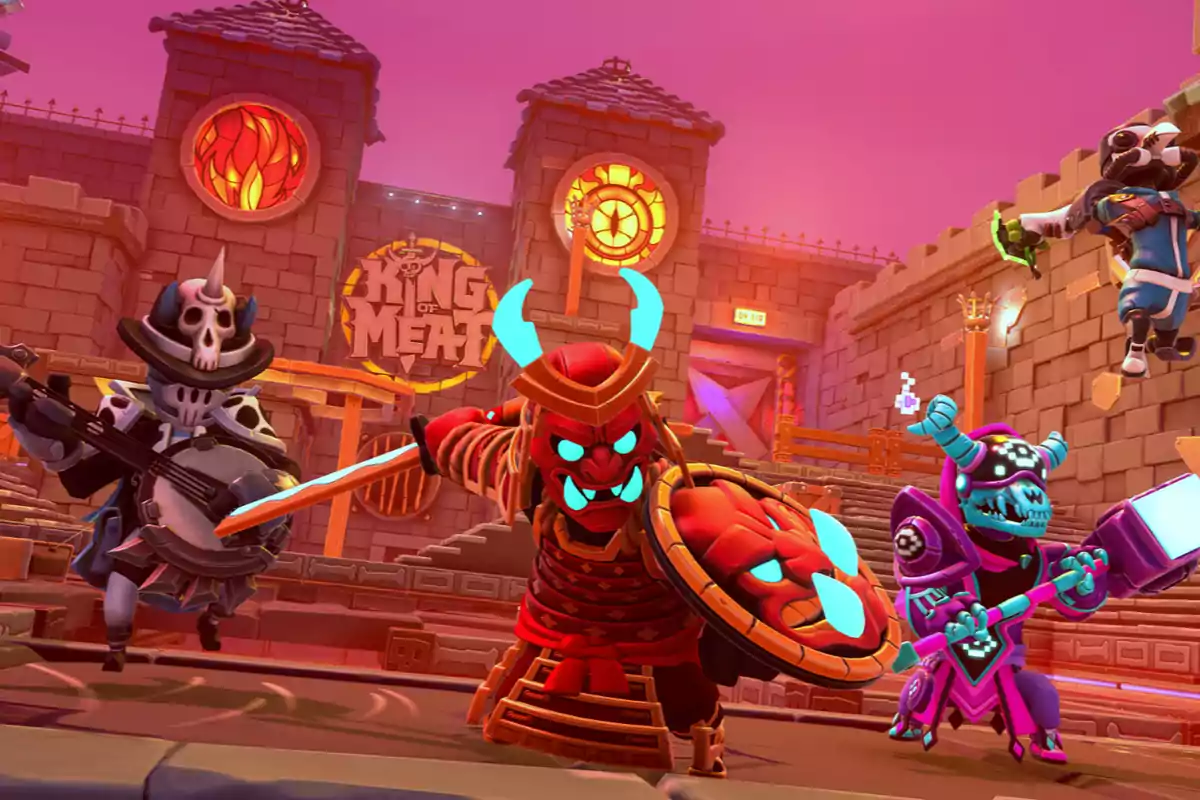 Four characters in colorful, fantasy-style armor fight on a medieval stage lit with neon lights, with a sign that says King of Meat in the background. Four characters in colorful, fantasy-style armor fight on a medieval stage lit with neon lights, with a sign that says King of Meat in the background.