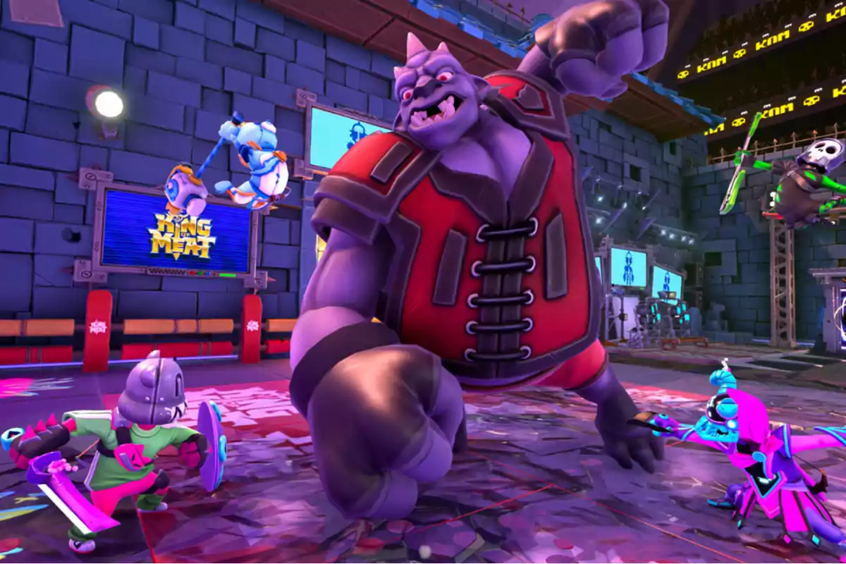 A huge purple character in red armor stands at the center of a combat arena, surrounded by several colorful, small characters who seem ready to face him in a cartoon-style video game. A huge purple character in red armor stands at the center of a combat arena, surrounded by several colorful, small characters who seem ready to face him in a cartoon-style video game.