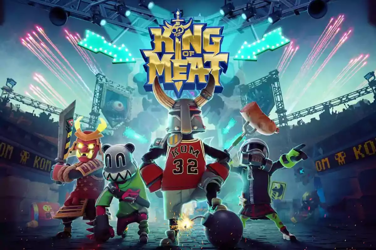 Four characters in striking costumes and armed with weapons pose in a futuristic arena beneath the King of Meat logo, with lights and fireworks in the background.