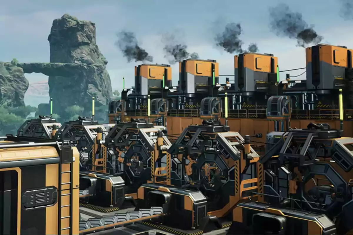 Futuristic factory with industrial machinery and chimneys emitting smoke in a natural setting with rock formations in the background Futuristic factory with industrial machinery and chimneys emitting smoke in a natural setting with rock formations in the background