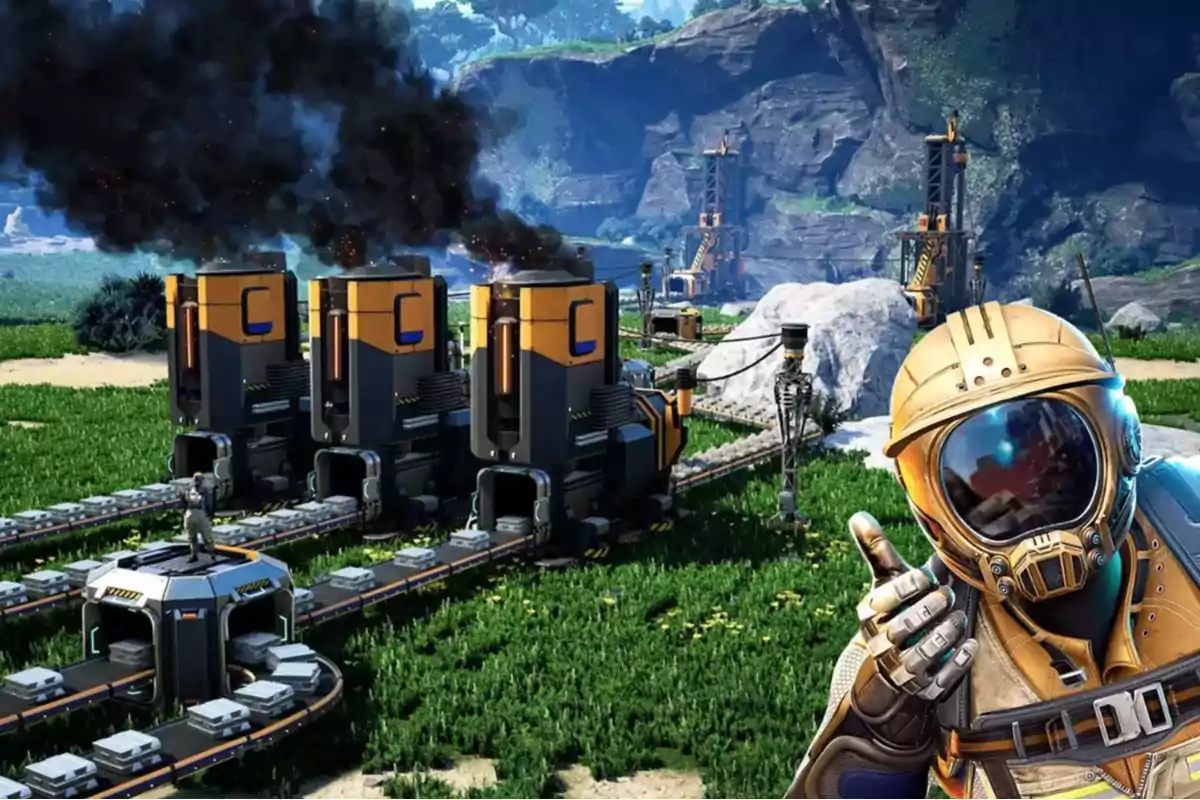 Person with a space helmet giving a thumbs up in front of a futuristic factory with industrial machines and conveyor belts in a natural environment