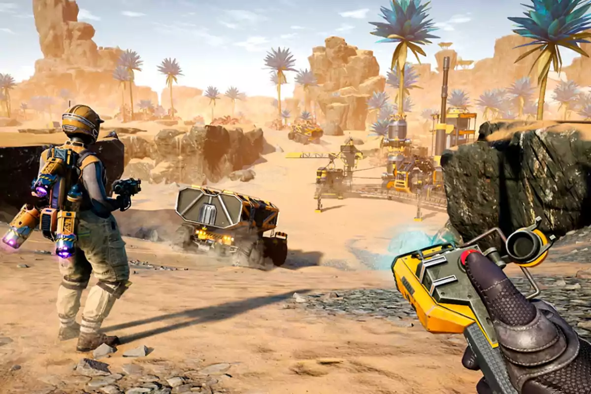 Two people with futuristic gear explore a desert with industrial machinery and exotic vegetation in a video game setting. Two people with futuristic gear explore a desert with industrial machinery and exotic vegetation in a video game setting.