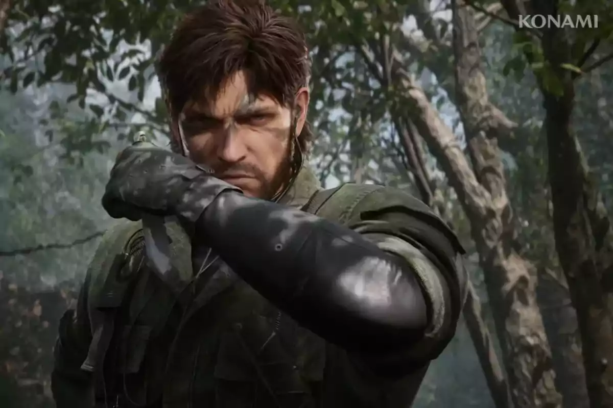 Video game character with camouflage face paint holding a knife in the jungle