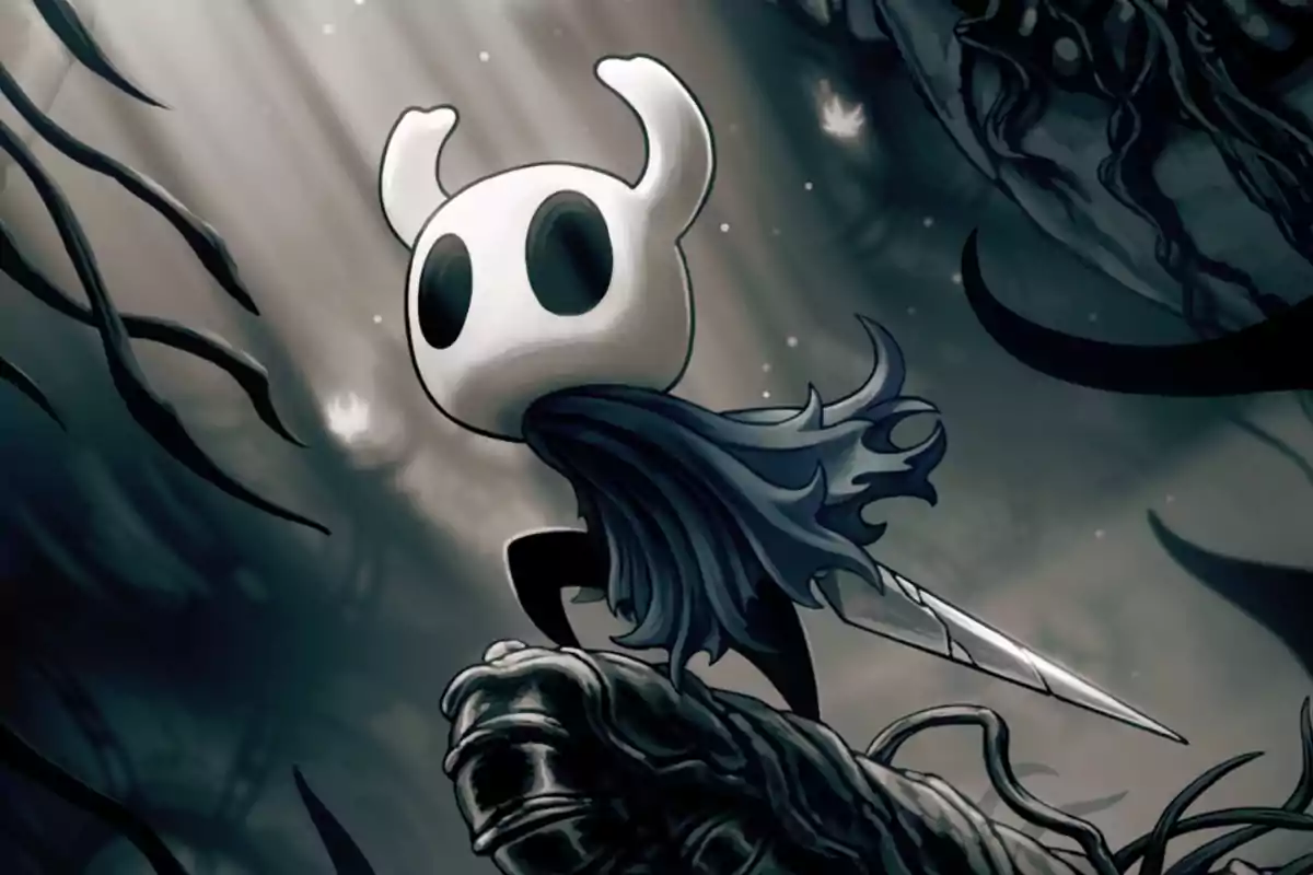 Hollow Knight character with a blue cape and sword, standing on a branch in a dark and mysterious environment Hollow Knight character with a blue cape and sword, standing on a branch in a dark and mysterious environment