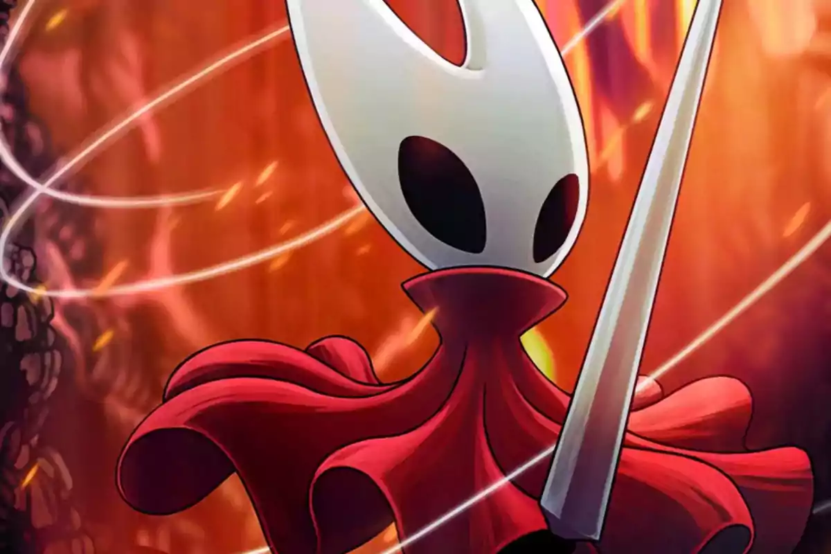 Video game character with a red cape and a white mask wielding a needle in an environment of orange and reddish tones Video game character with a red cape and a white mask wielding a needle in an environment of orange and reddish tones