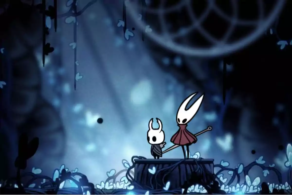 Two animated-style characters with white heads and horns stand together on a platform surrounded by blue plants in a dark and mysterious environment.