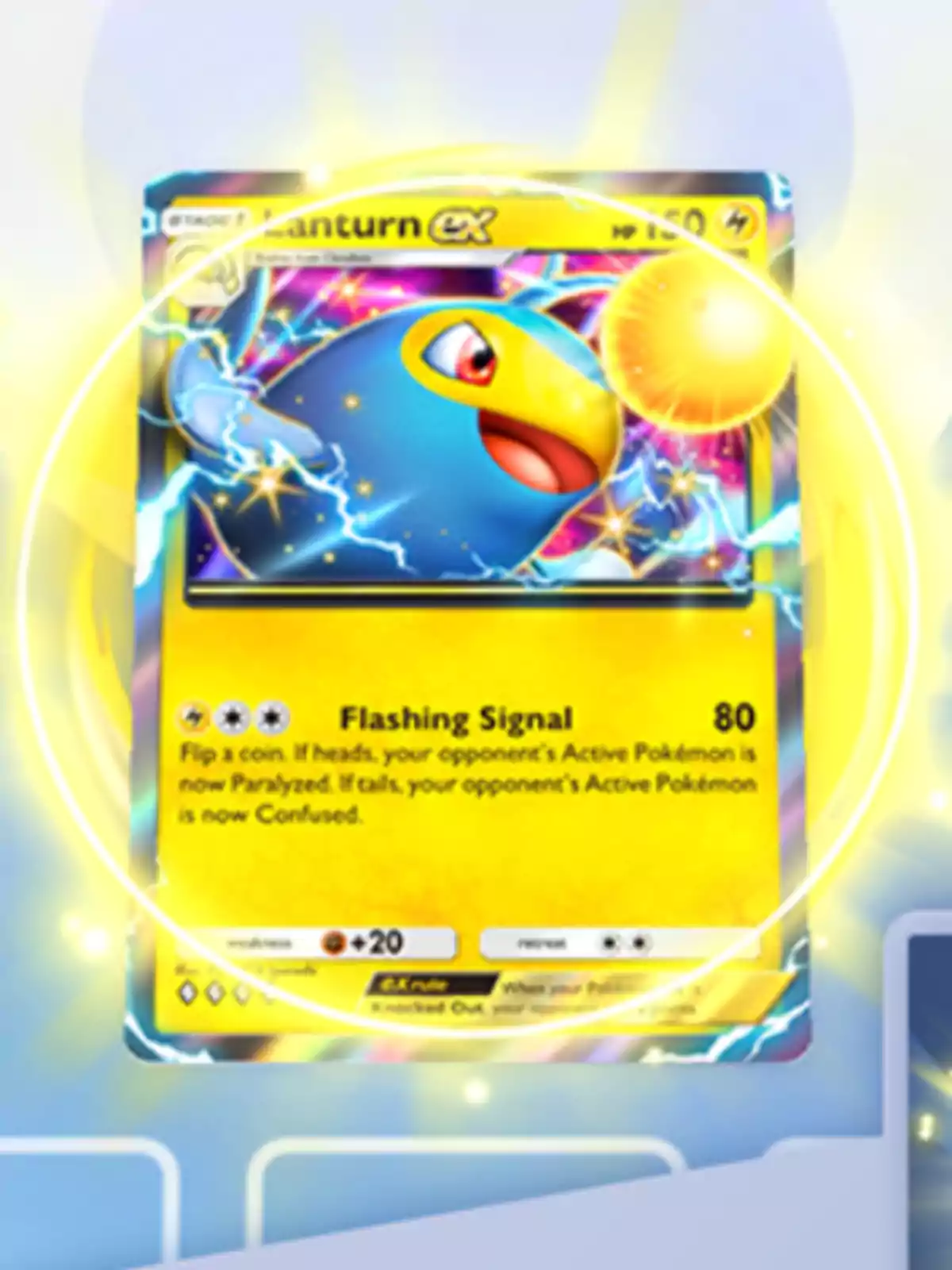 Pokémon Lanturn EX card with a shiny design and electric effects surrounded by a yellow glow Pokémon Lanturn EX card with a shiny design and electric effects surrounded by a yellow glow