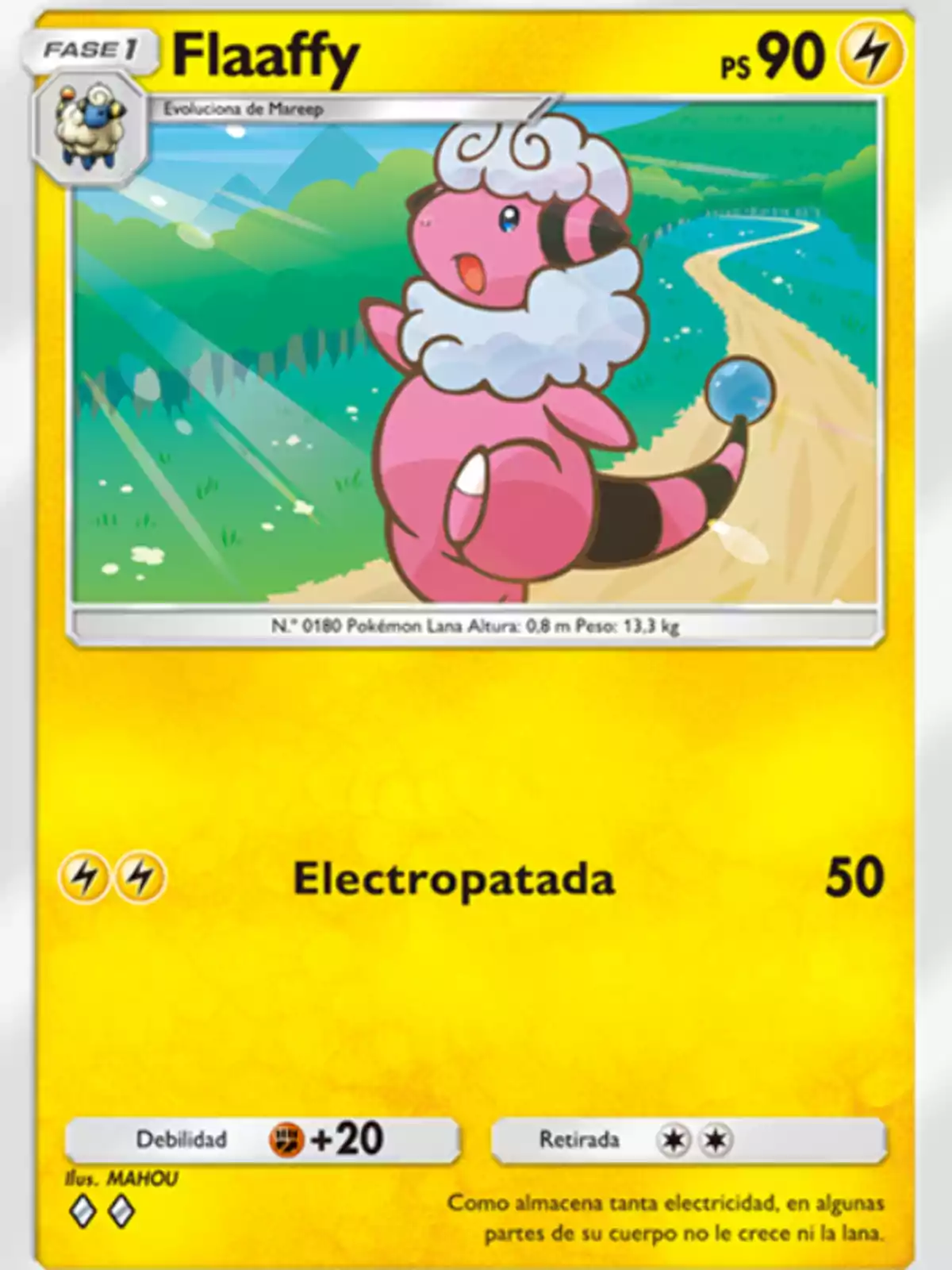 Pokémon card Flaaffy with a yellow background, featuring a pink, woolly Pokémon walking along a path in a green, sunny landscape, with information on hit points, the Electrobuzz attack, and details on weakness and retreat. Pokémon card Flaaffy with a yellow background, featuring a pink, woolly Pokémon walking along a path in a green, sunny landscape, with information on hit points, the Electrobuzz attack, and details on weakness and retreat.