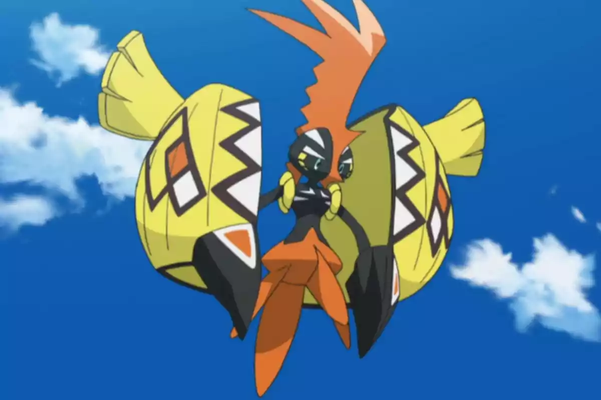 Pokémon Tapu Koko volando en el cielo con nubes de fondo