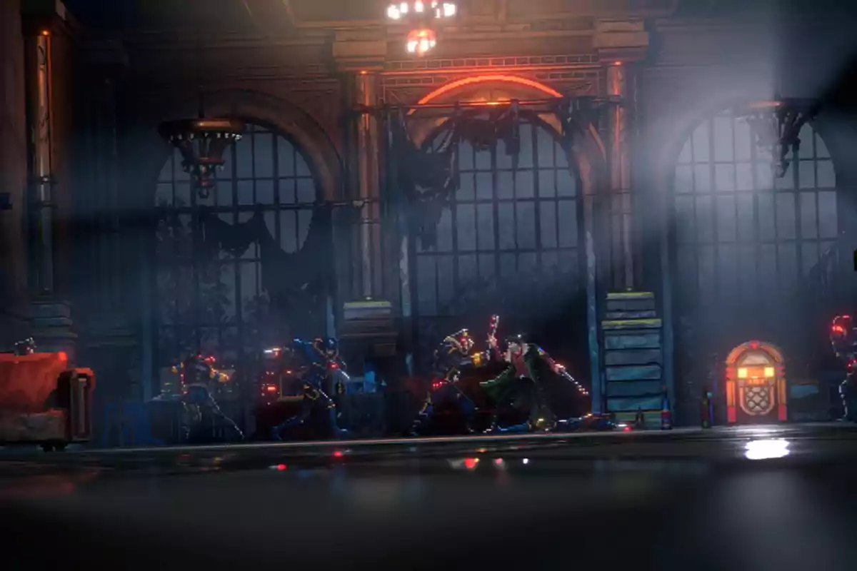 Pixelated characters fight inside an old building with large windows and a lit jukebox in the background. Pixelated characters fight inside an old building with large windows and a lit jukebox in the background.
