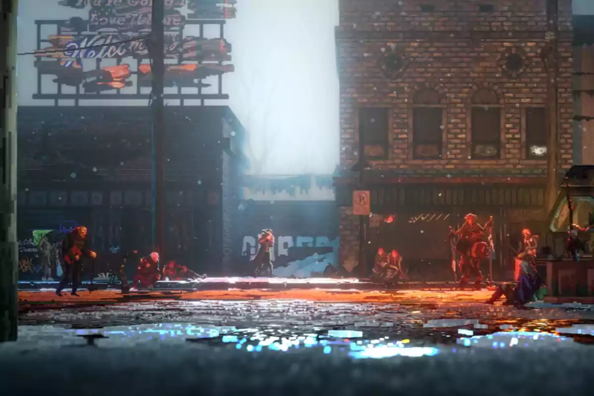 An urban street with brick buildings, people sitting and standing on the sidewalk, snow falling and puddles on the ground, all in a pixel art style with warm lights reflected on the wet pavement. An urban street with brick buildings, people sitting and standing on the sidewalk, snow falling and puddles on the ground, all in a pixel art style with warm lights reflected on the wet pavement.