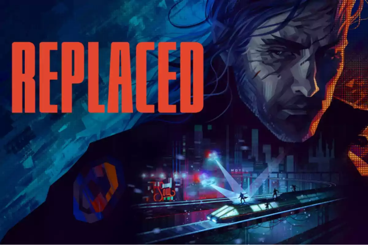 Promotional art for the video game Replaced featuring a futuristic-style male face and a city illuminated in neon tones