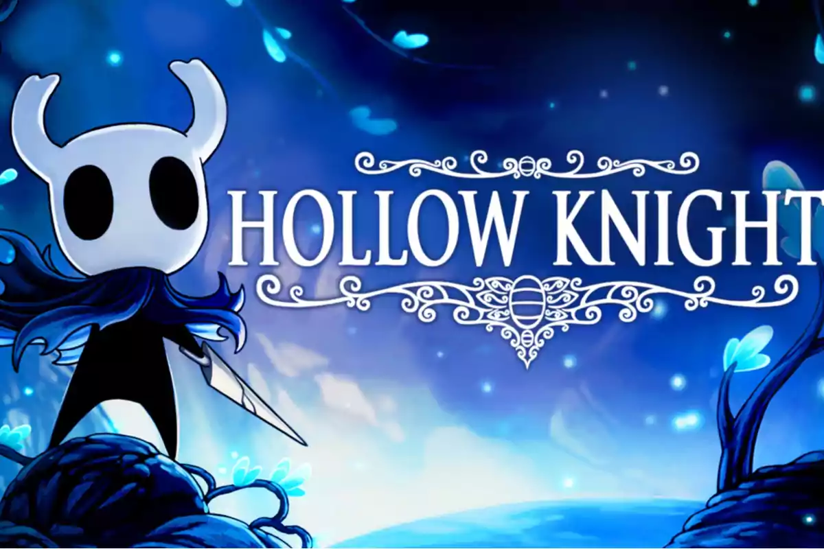 Main character of Hollow Knight with a blue background and details of plants and bright lights Main character of Hollow Knight with a blue background and details of plants and bright lights