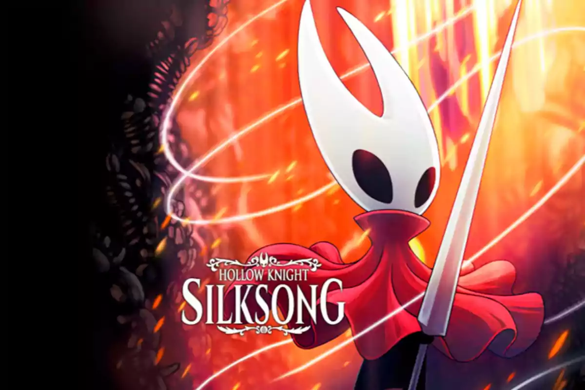 Character with a white mask and red cape holding a needle in a bright setting with the title Hollow Knight Silksong