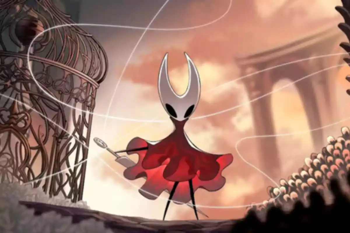 Video game character with a red dress and a white horned mask in a fantasy setting with a cage and structures in the background Video game character with a red dress and a white horned mask in a fantasy setting with a cage and structures in the background