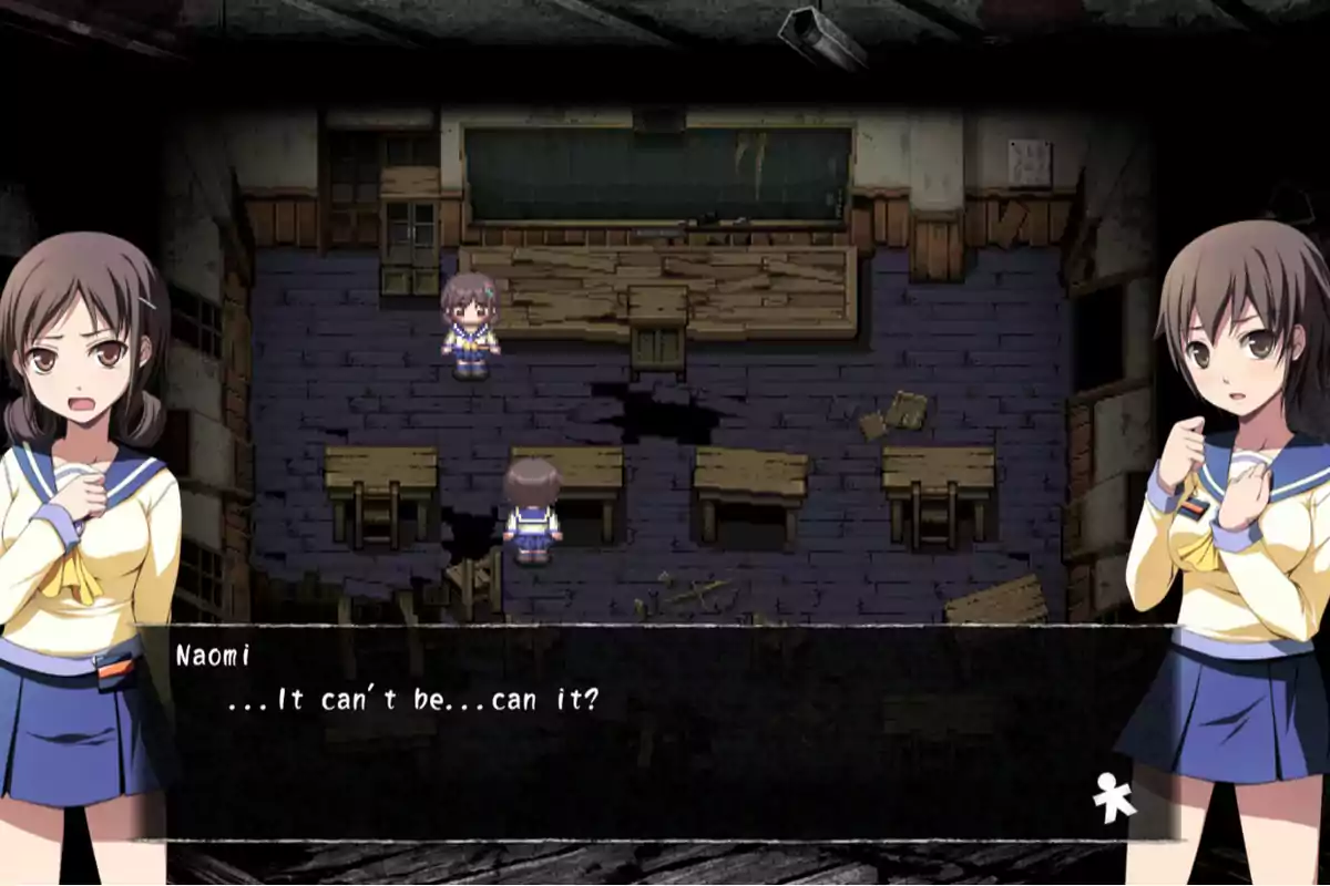 Two girls in school uniforms are in a dark, run-down classroom; one of them looks surprised while the other appears worried. The atmosphere is tense, and the classroom is in ruins with broken desks and a cracked floor. Two girls in school uniforms are in a dark, run-down classroom; one of them looks surprised while the other appears worried. The atmosphere is tense, and the classroom is in ruins with broken desks and a cracked floor.