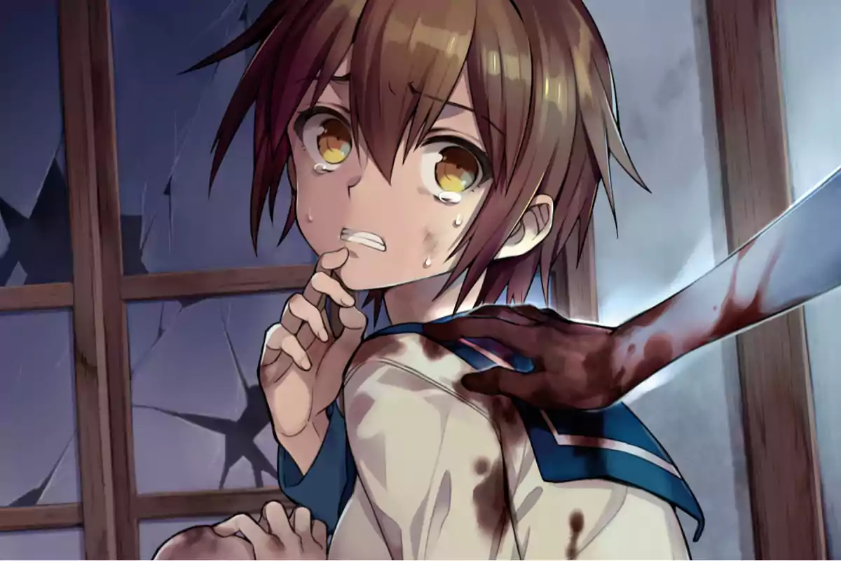 A young man with a fearful expression and tears on his face is held by a bloodied hand in a dark setting with broken windows. A young man with a fearful expression and tears on his face is held by a bloodied hand in a dark setting with broken windows.