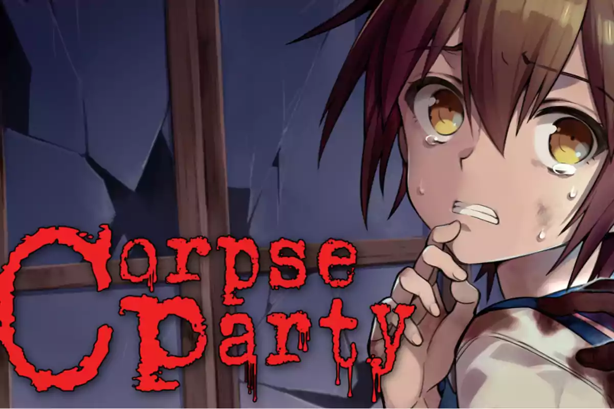 Corpse Party cover with a scared anime girl and a bloody hand on her shoulder in front of a broken window