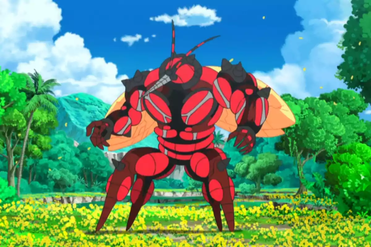 Un Pokémon de aspecto musculoso y color rojo con negro está de pie en un campo lleno de flores amarillas y rodeado de árboles y montañas bajo un cielo azul con nubes. Un Pokémon de aspecto musculoso y color rojo con negro está de pie en un campo lleno de flores amarillas y rodeado de árboles y montañas bajo un cielo azul con nubes.