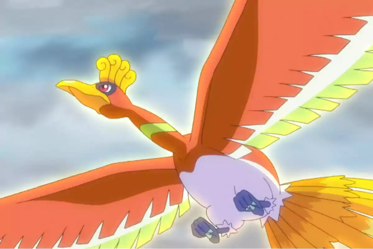 Ave legendaria de colores brillantes volando en el cielo con las alas extendidas Ave legendaria de colores brillantes volando en el cielo con las alas extendidas