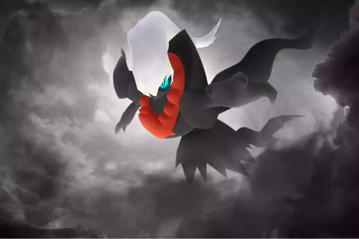 Un Pokémon oscuro con cabello blanco y ojos azules flotando entre nubes grises y un ambiente tenebroso