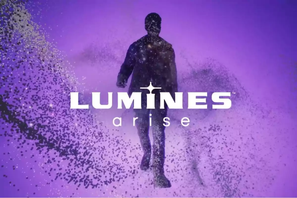 Persona caminando entre partículas en un fondo morado con el texto Lumines Arise al frente