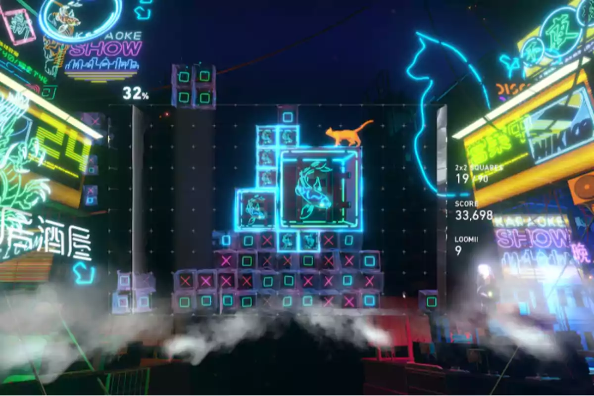 Pantalla de videojuego con bloques y neones de colores, un gato naranja y figuras de animales en un entorno futurista lleno de luces y letreros llamativos Pantalla de videojuego con bloques y neones de colores, un gato naranja y figuras de animales en un entorno futurista lleno de luces y letreros llamativos